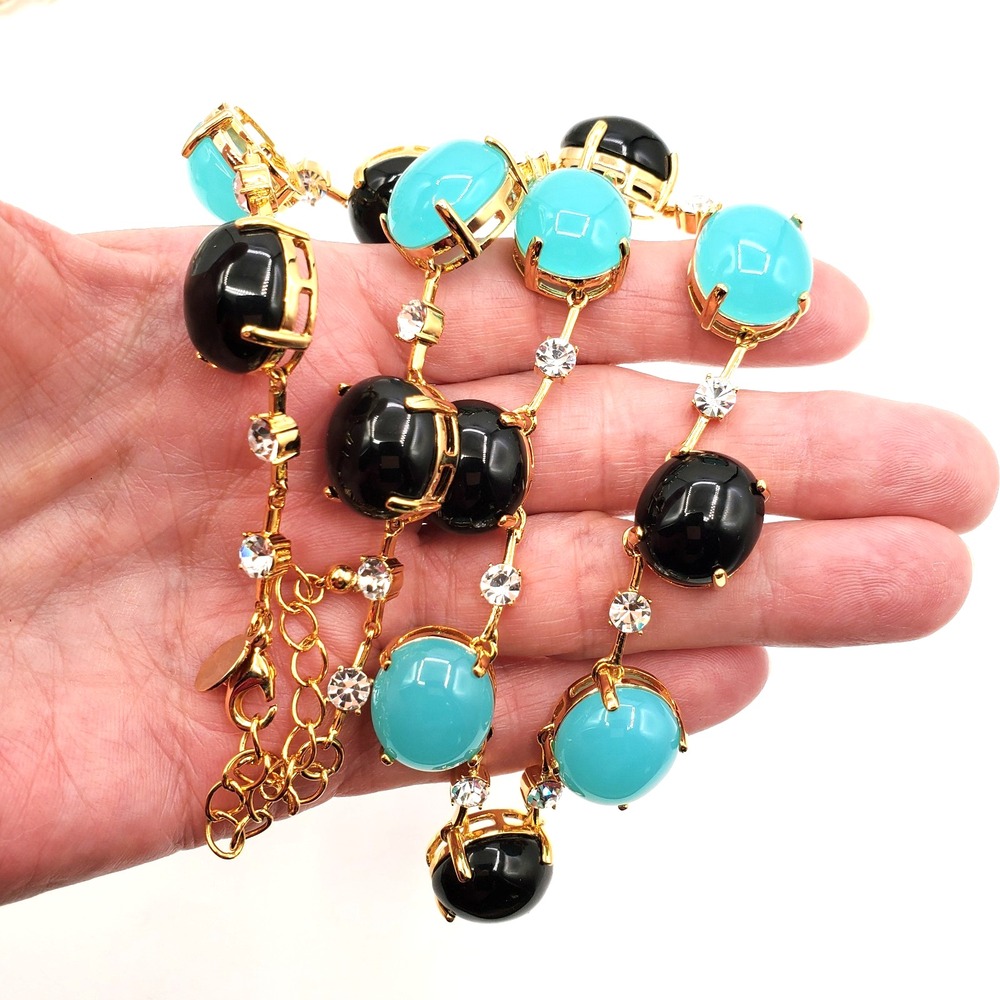 Black Aqua Necklace Large Cabochons Rhinestones Gold Tone 20"